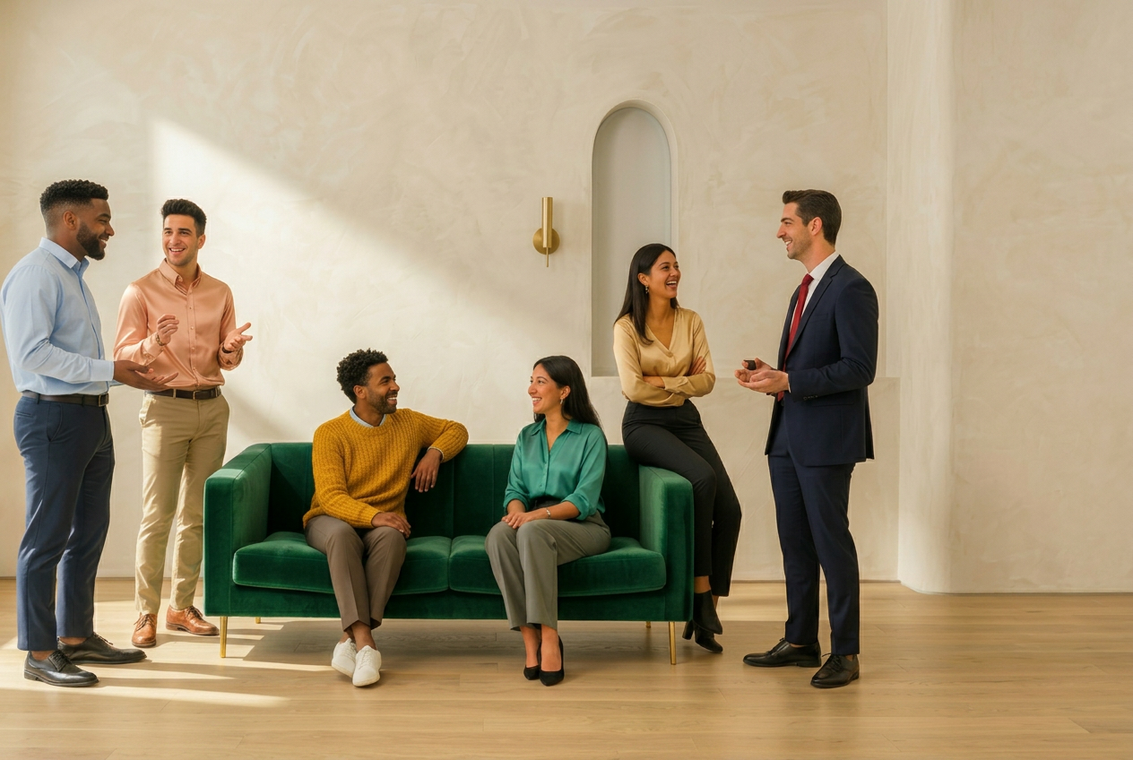 Diverse team of therapists standing together in conversation