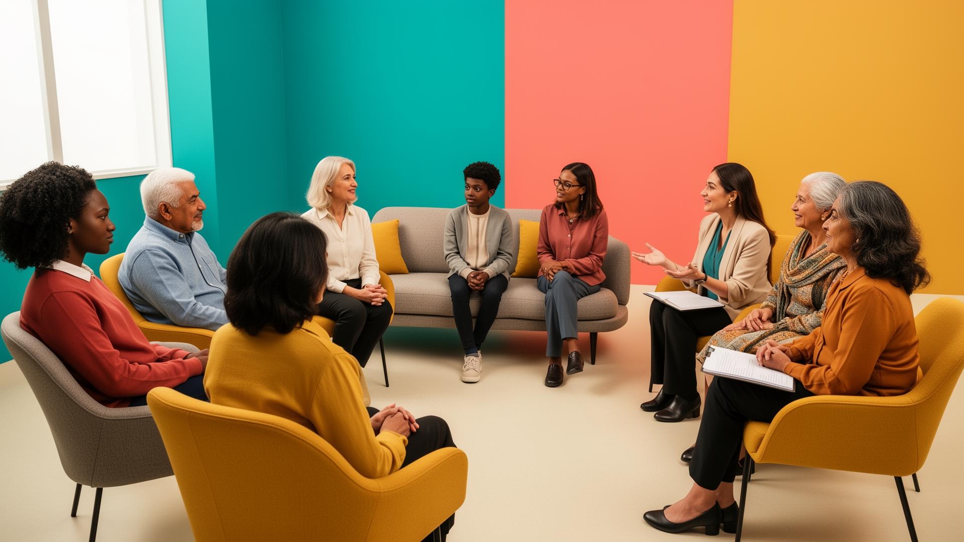 Diverse group therapy session with supportive expressions in a bright modern room