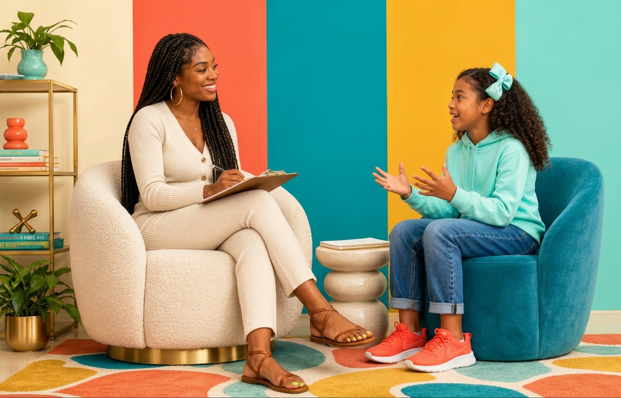 A therapist and a young client in a warm, colorful counseling office